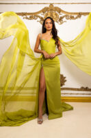 Model wearing an elegant lime green one-shoulder evening gown with crystal embellishments on the bodice, flowing chiffon cape sleeves, high side slit, and dramatic train, posed against an ornate gold-decorated wall.