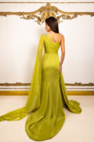 Model wearing an elegant lime green one-shoulder evening gown with crystal-embellished straps and a flowing chiffon cape train, viewed from the back against an ornate gold-accented wall.