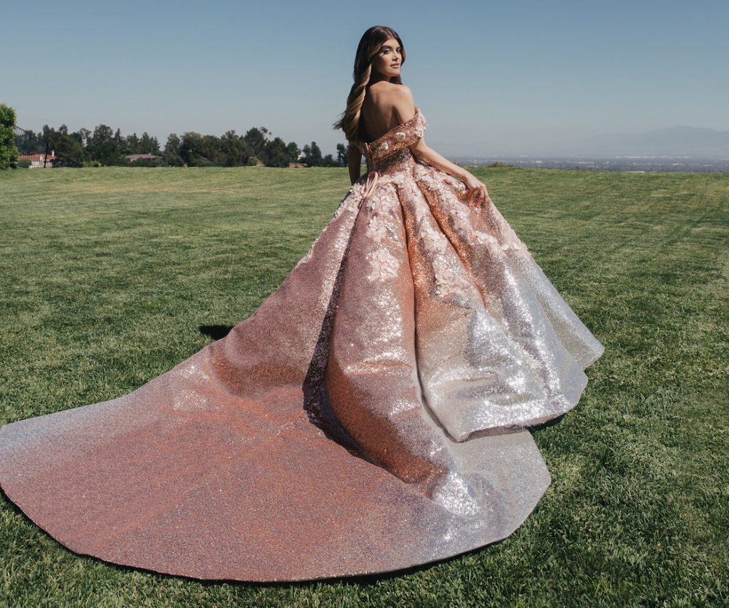 slim fit dress slacks Rose Gold Floral Quince Gown Sweet 16 Dress with Cape 67434B – Viniodress main image 0