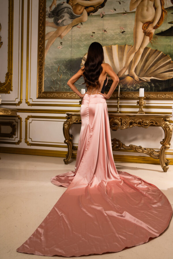 Model wearing an elegant strapless pink satin evening gown with a dramatic long train, viewed from behind in a luxurious ornate interior featuring a large framed reproduction of Botticelli's *The Birth of Venus*.