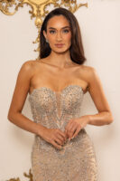 Model wearing a strapless, form-fitting champagne gown heavily embellished with intricate silver crystal beadwork and embroidery throughout the bodice and skirt, posed elegantly against an ornate gold-accented backdrop.