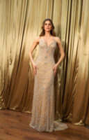 Strapless nude illusion evening gown with intricate silver beadwork and crystal embellishments in swirling patterns, featuring a fitted mermaid silhouette and floor-length train